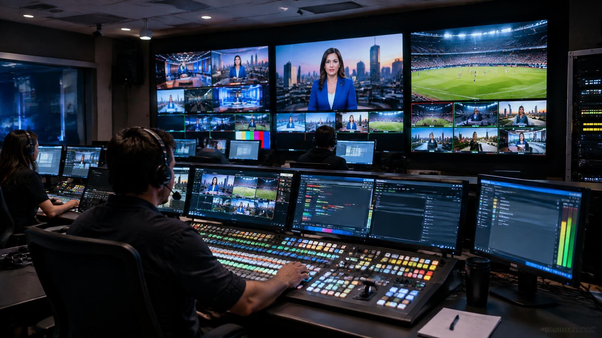 Television studio control room with multiple monitors