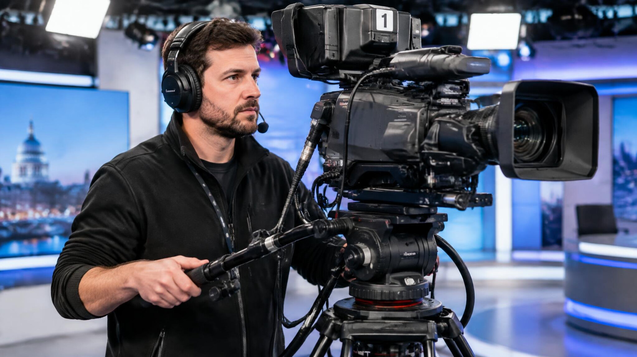Camera operator filming a live television broadcast in a studio