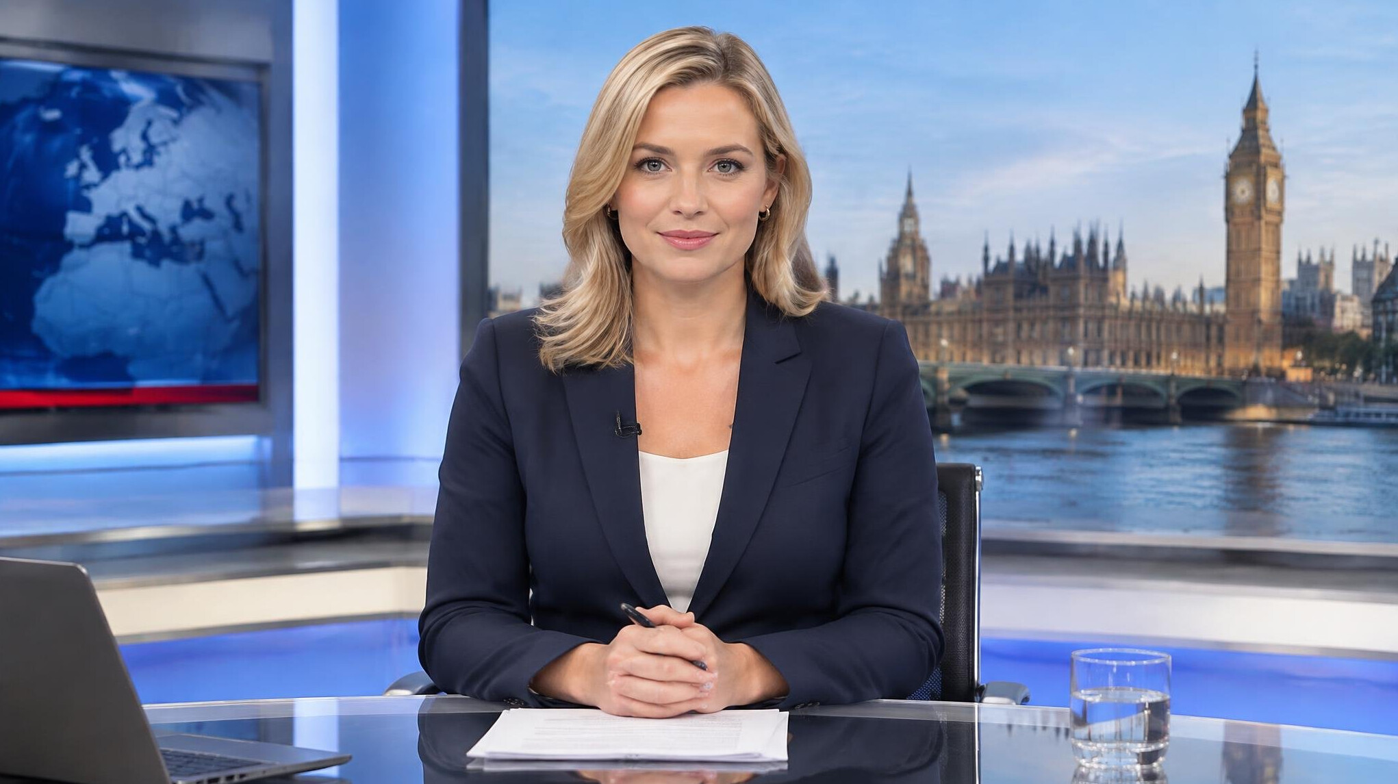 News presenter in a television studio set