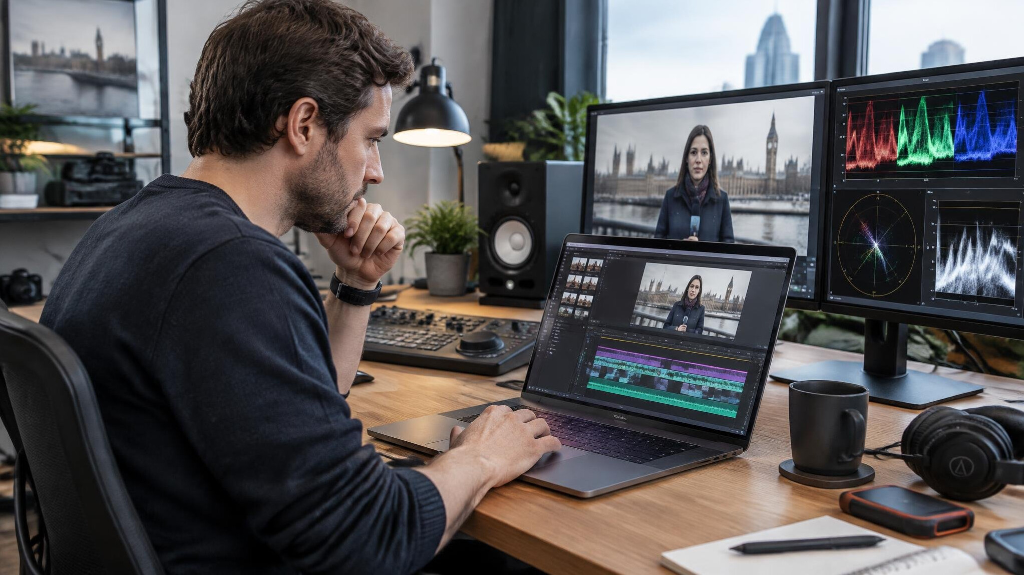Video editor working on footage at a laptop