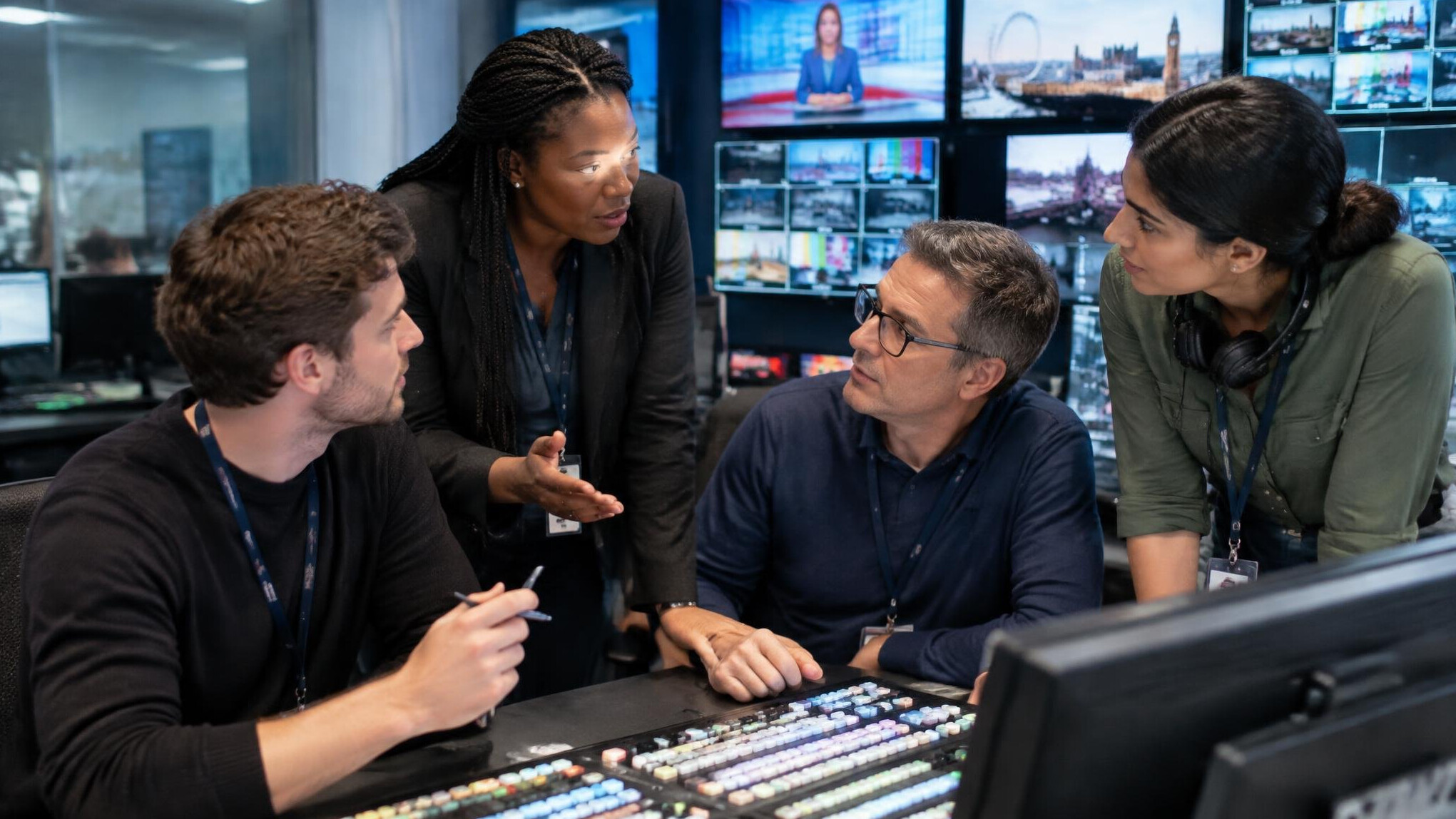 Broadcast team collaborating in a control room