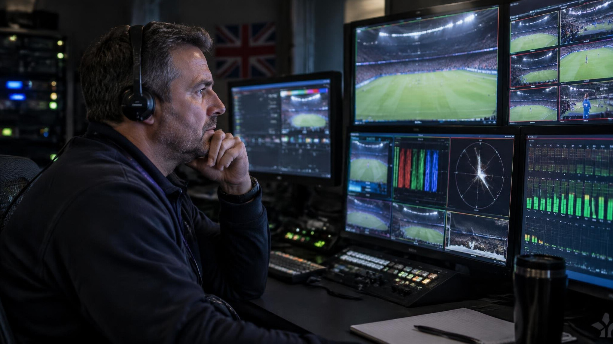 Technician monitoring multiple broadcast feed screens