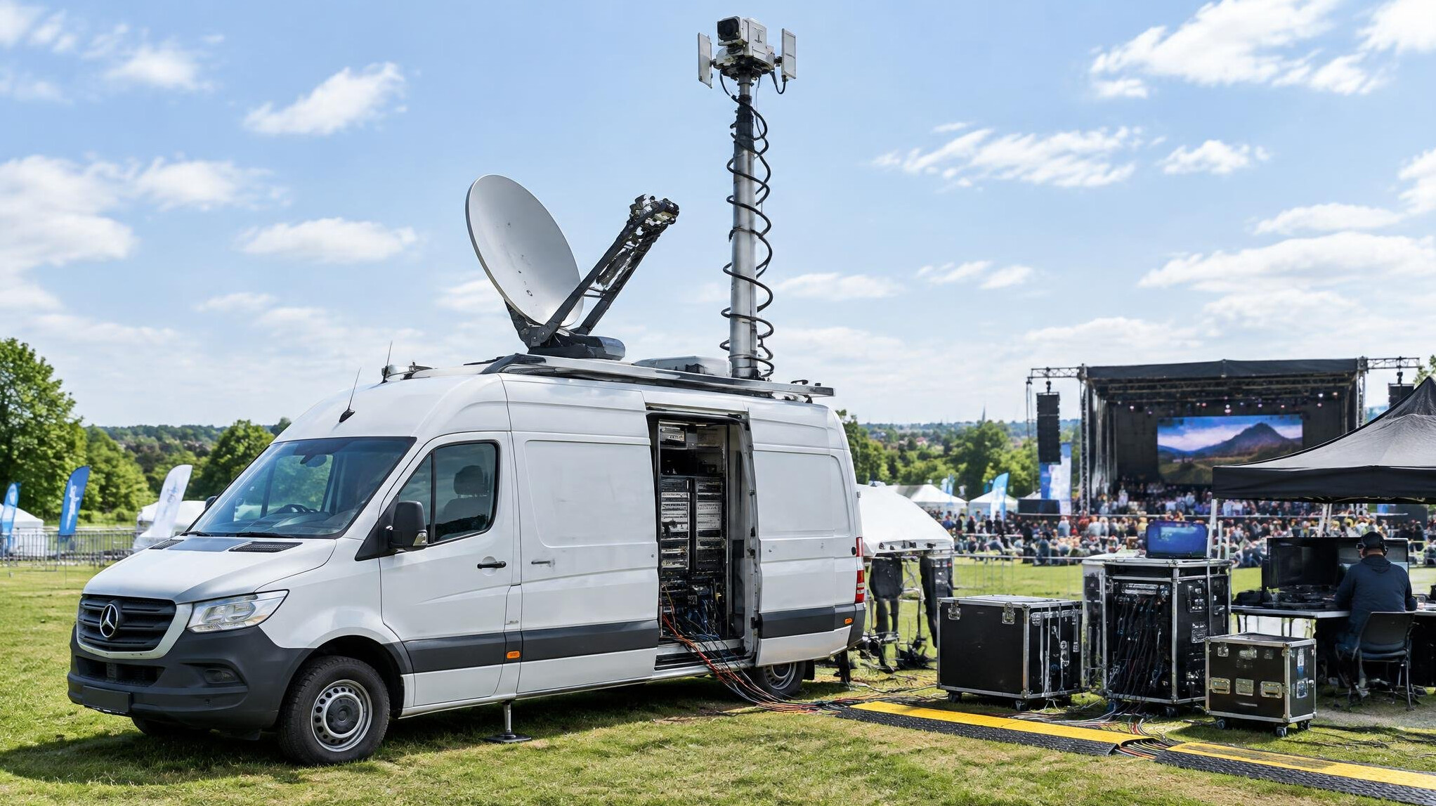 Outdoor broadcast van with satellite mast at an event