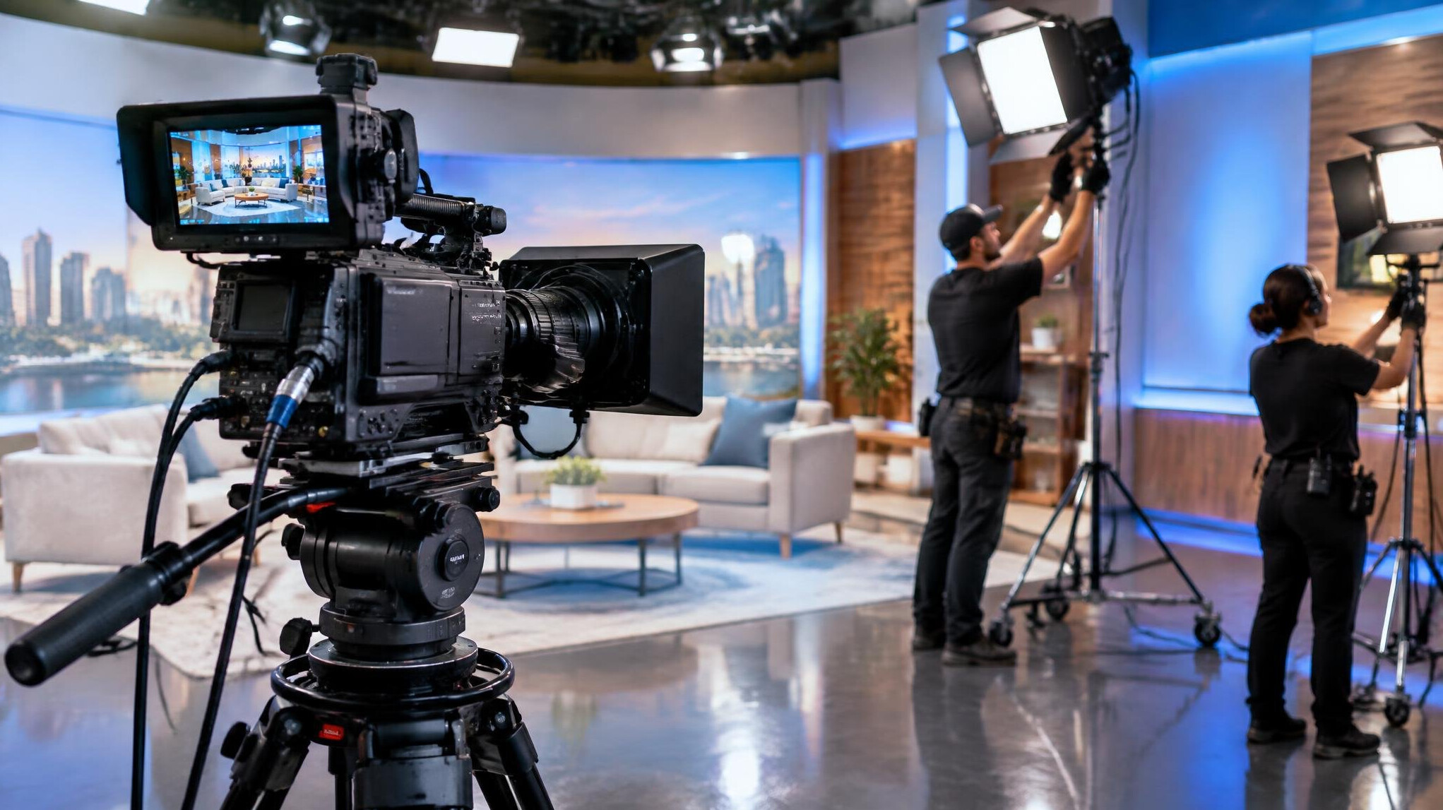 Professional cinema camera on set with crew