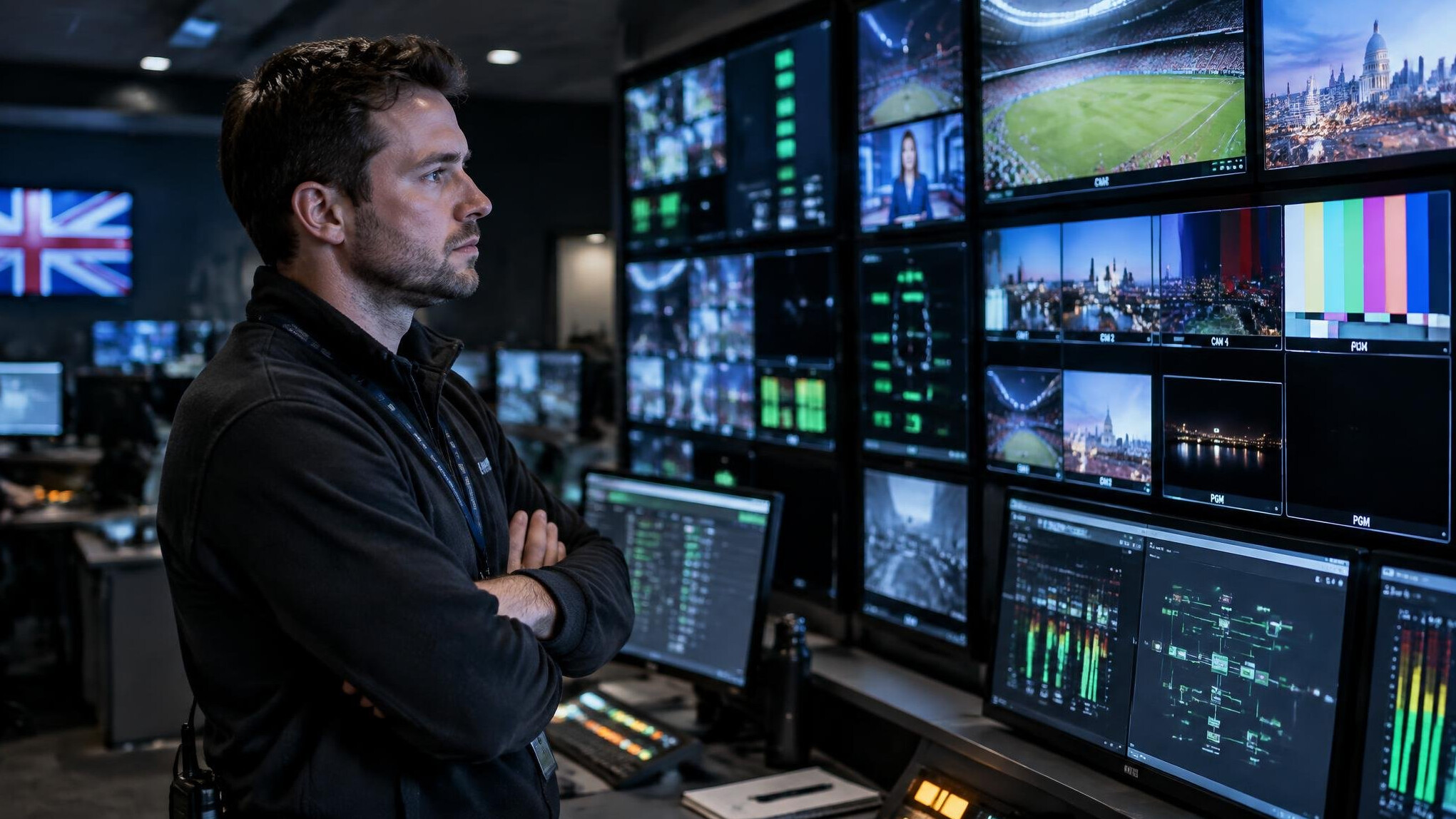 Broadcast engineer monitoring live feed signals on screens